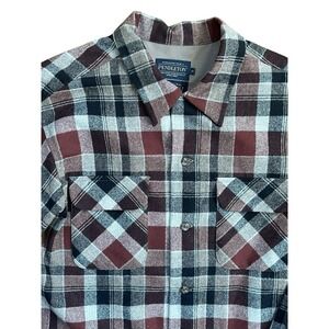 Pendleton Board Shirt Mens Medium Cream Brown Plaid Flannel Wool Loop Collar